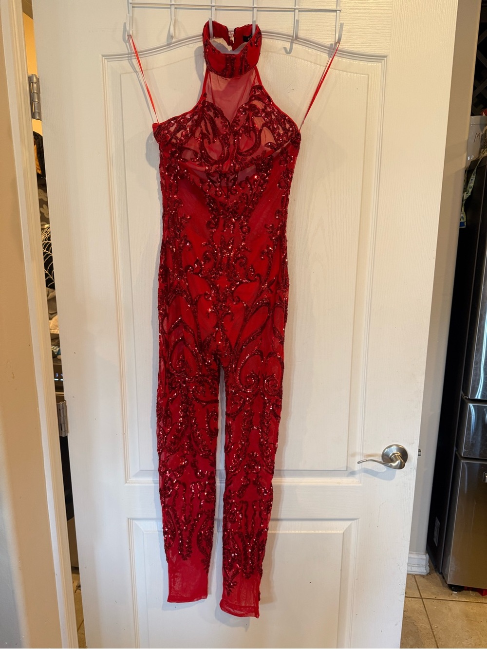 Banjul Sheer red sequin halter neck Jumpsuit Bodysuit Showgirl Catsuit no size